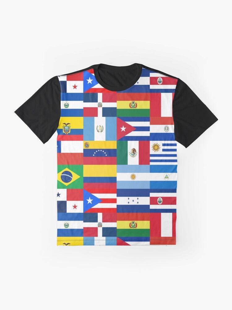 Flags of Latin America Graphic T-Shirt featuring the national flags of various Latin American countries - Flat lay