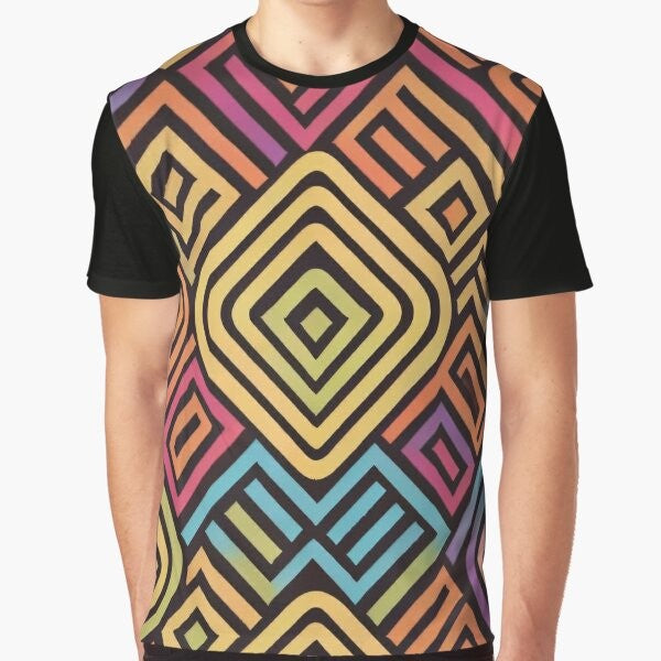 Colorful graphic t-shirt with a gender diversity pattern, representing inclusivity for the lgbtq and nonbinary community.