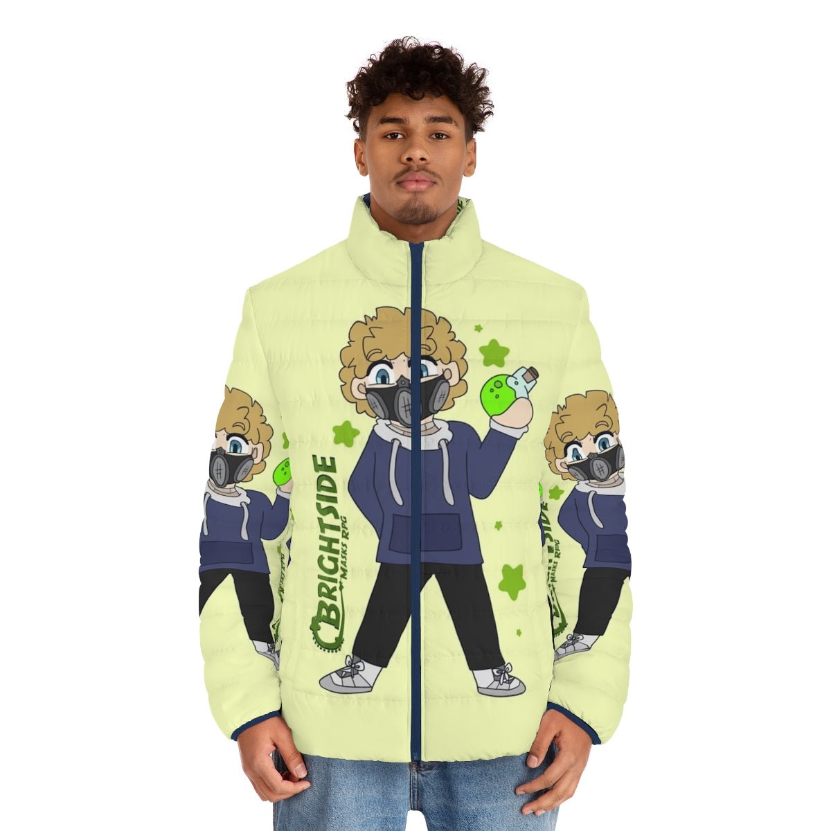 Puffer jacket with Brightside chibi character design - men front