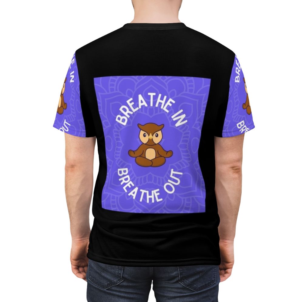 Relaxing owl yoga meditation t-shirt featuring a calming owl in a yoga pose - men back