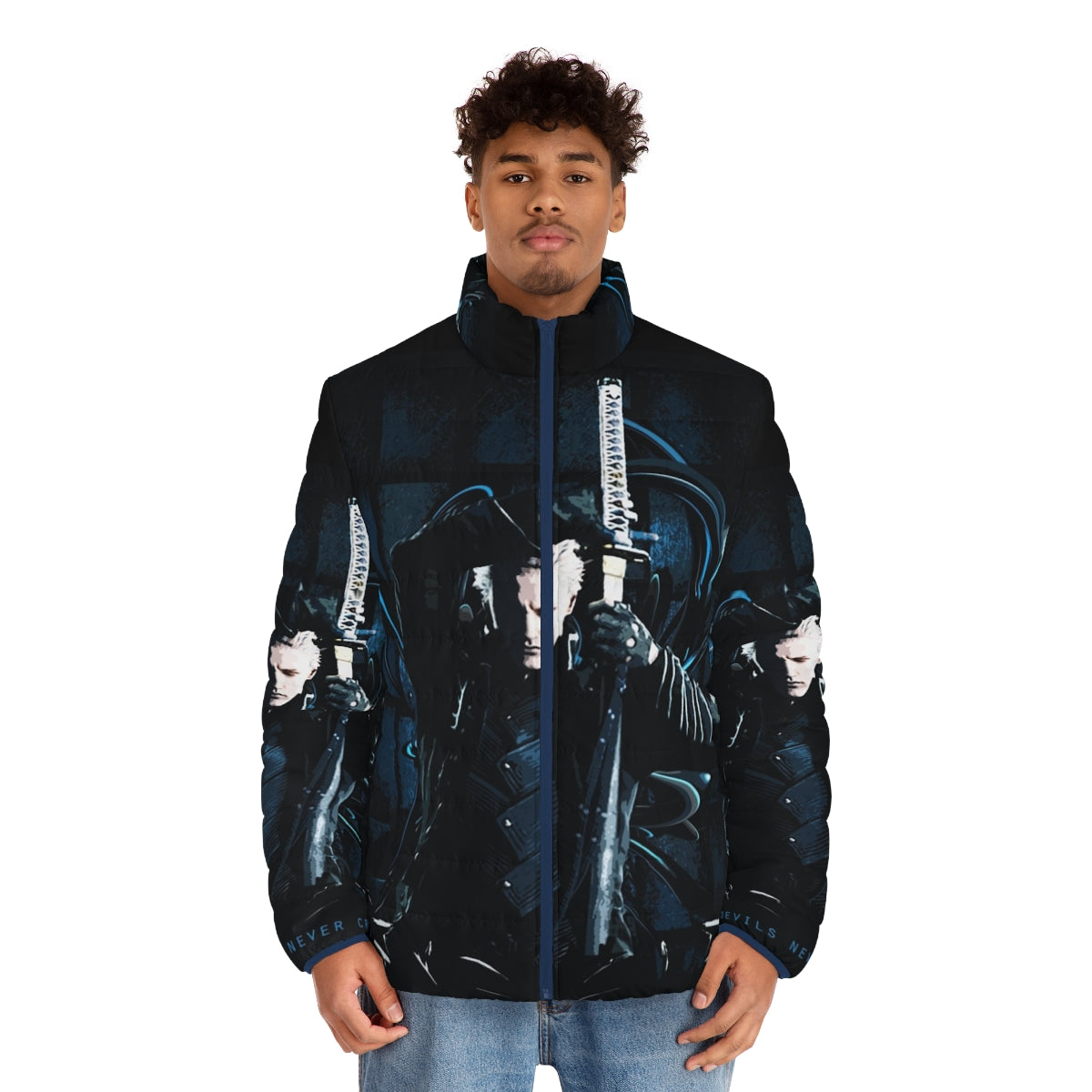 Devil May Cry 5 Puffer Jacket featuring Dante and Vergil inspired design - men front