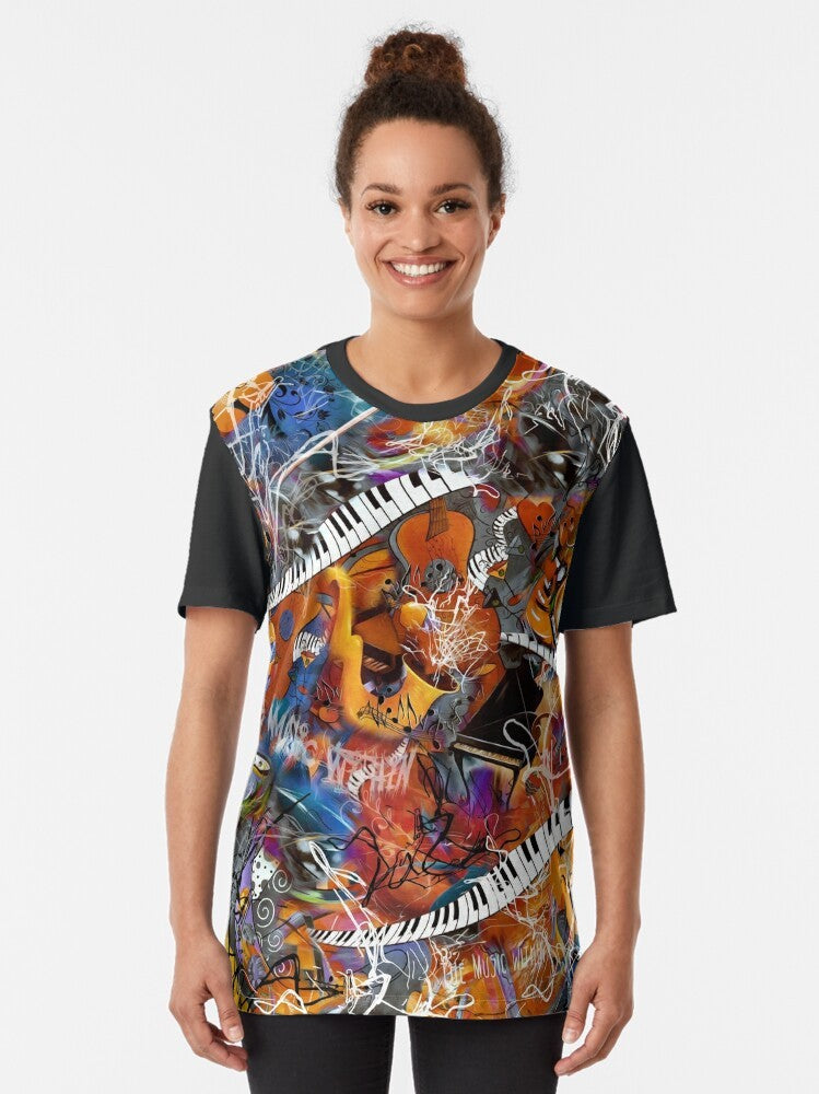 Abstract scribble design featuring various musical instruments like saxophone, piano, and keyboard on a graphic t-shirt for music lovers. - Women