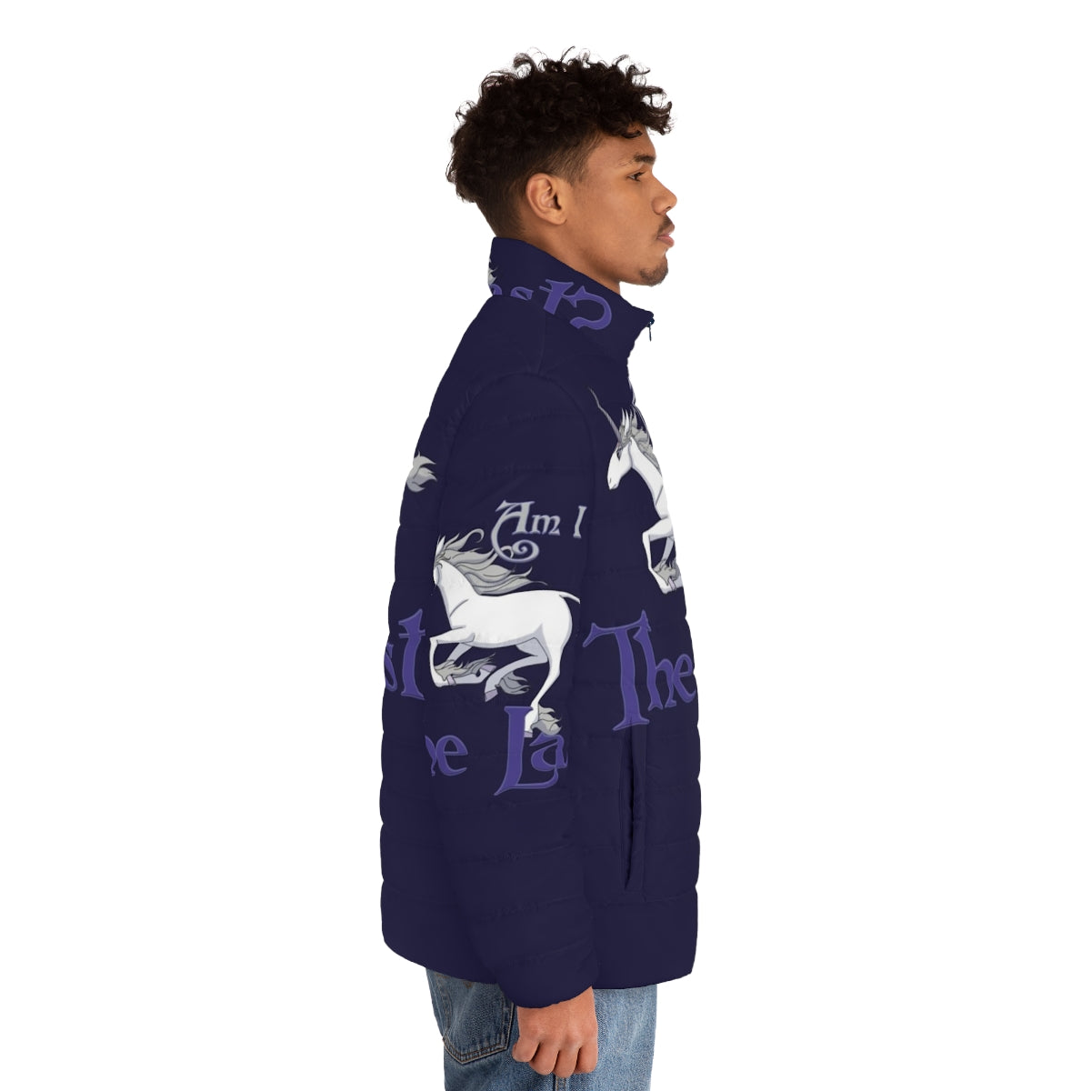 A puffer jacket with a unicorn design, perfect for running and keeping warm during the winter. - men side right