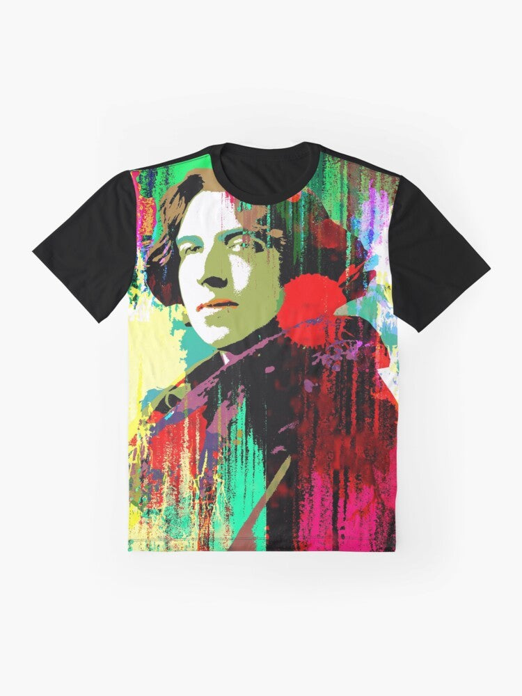 Stylish graphic t-shirt featuring the portrait and signature of famous Irish writer and literary icon Oscar Wilde, known for his contributions to LGBTQ+ culture. - Flat lay