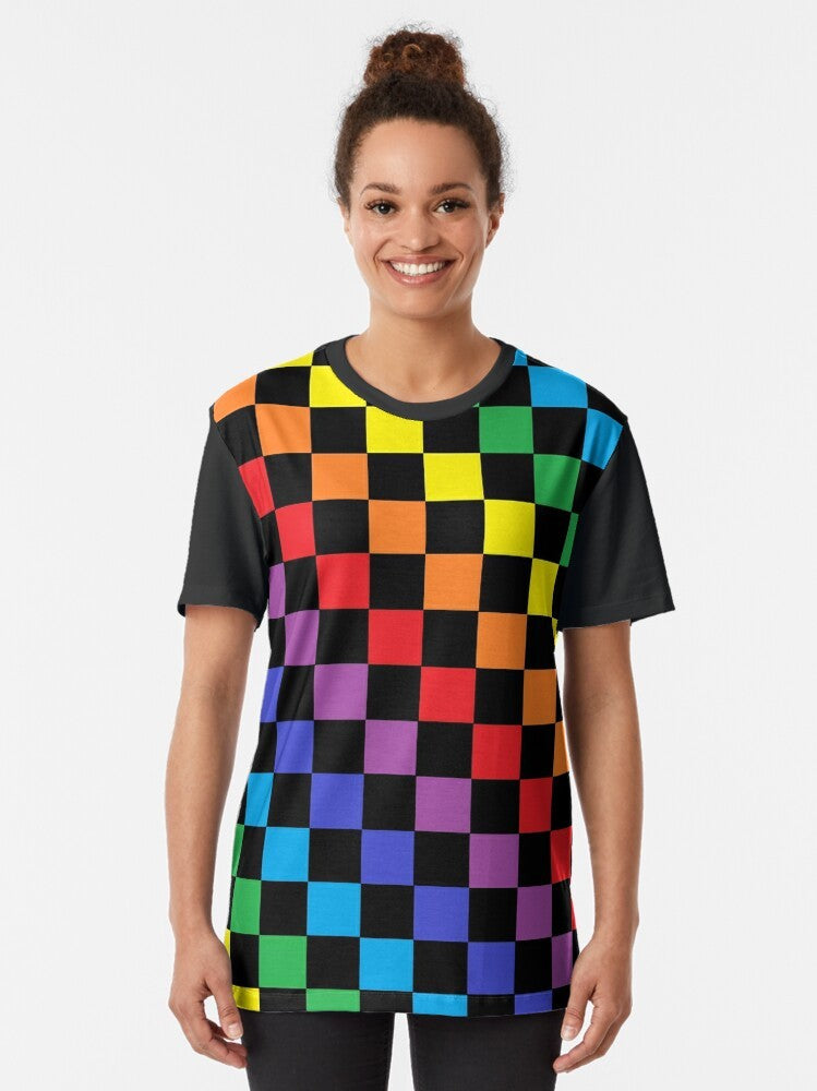 Colorful checkered rainbow graphic design on a black t-shirt - Women