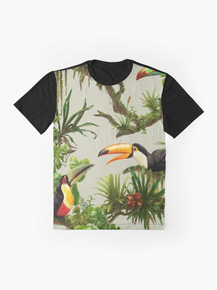 Colorful graphic of a toucan bird perched on a bromeliad plant against a tropical jungle background - Flat lay