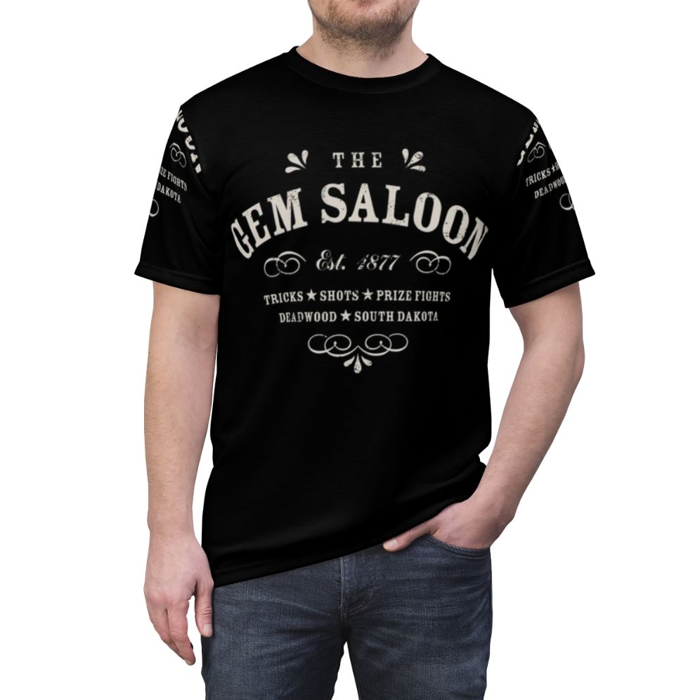 Vintage western graphic t-shirt with The Gem Saloon Deadwood typography design - men front