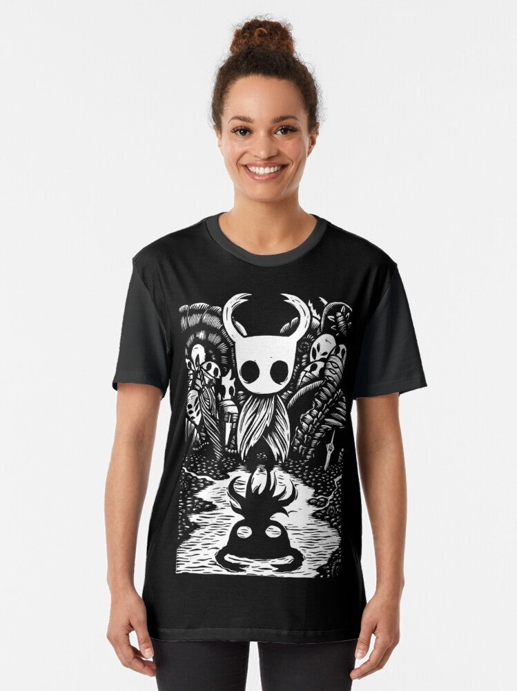 Graphic t-shirt design featuring the protagonist from the video game Hollow Knight - Women