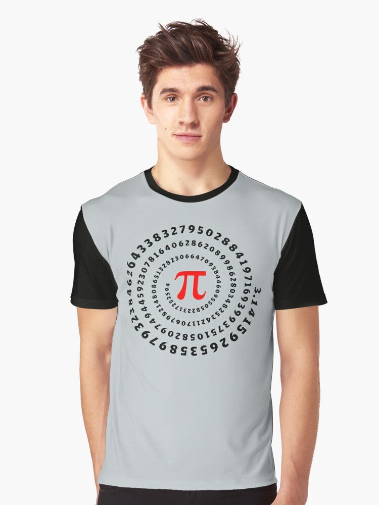 Spiral pi symbol graphic on black t-shirt, featuring mathematics, science, and irrational number design. - Men