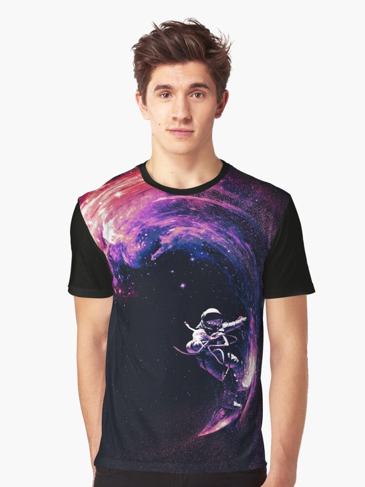 Cosmic space surfing graphic t-shirt with astronaut, galaxy, and stars design - Men