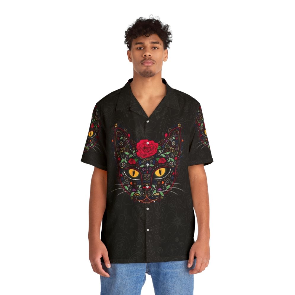 Day of the Dead Kitty Cat Sugar Skull Hawaiian Shirt - People Front