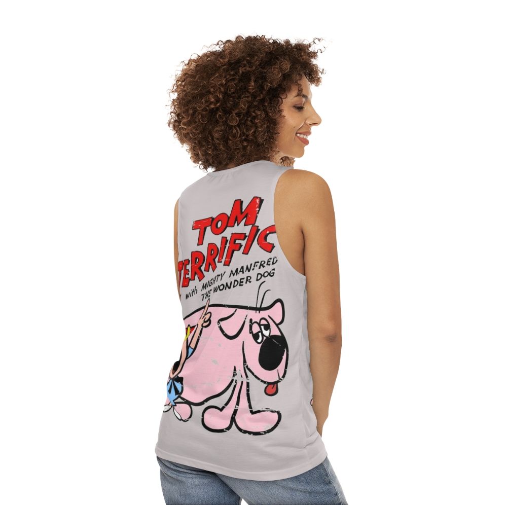 Retro unisex tank top featuring the cartoon character Tom Terrific - women back