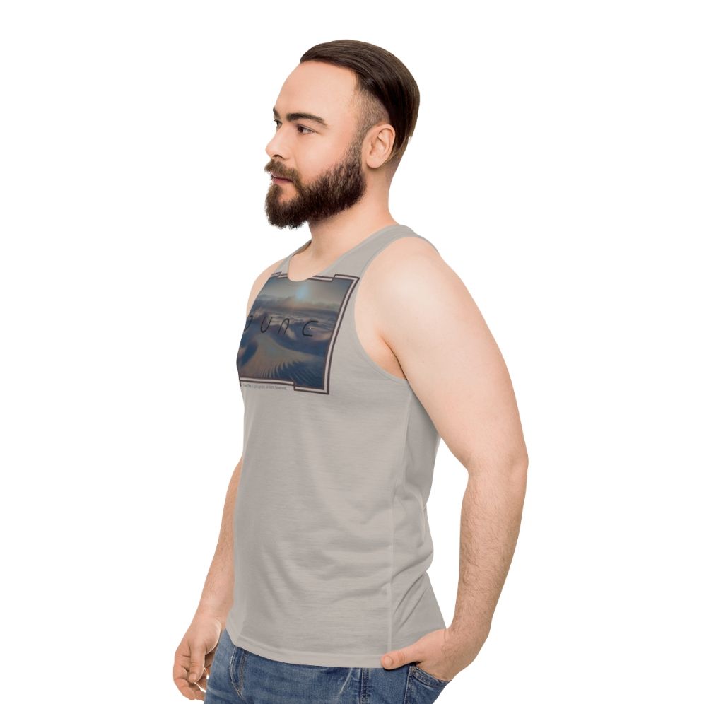 Dune-inspired unisex tank top with a greyish beige background - men side