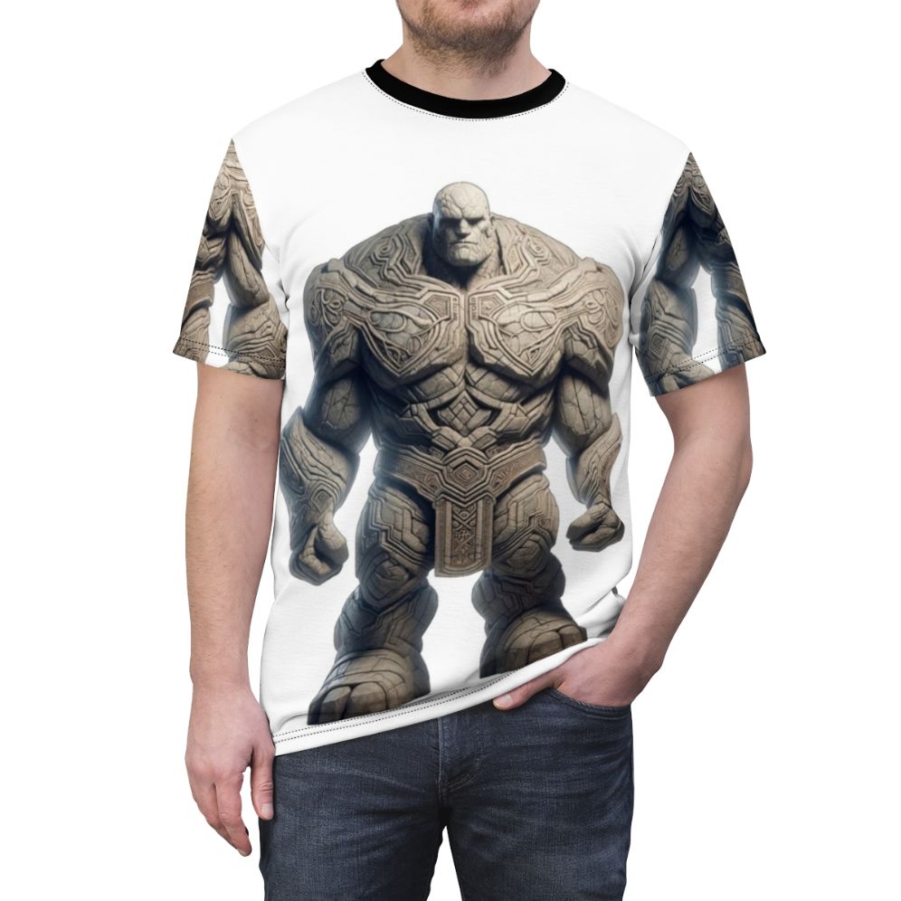 Embroidered t-shirt featuring a fantasy golem, a legendary animal from mythology and fantasy lore. - men front