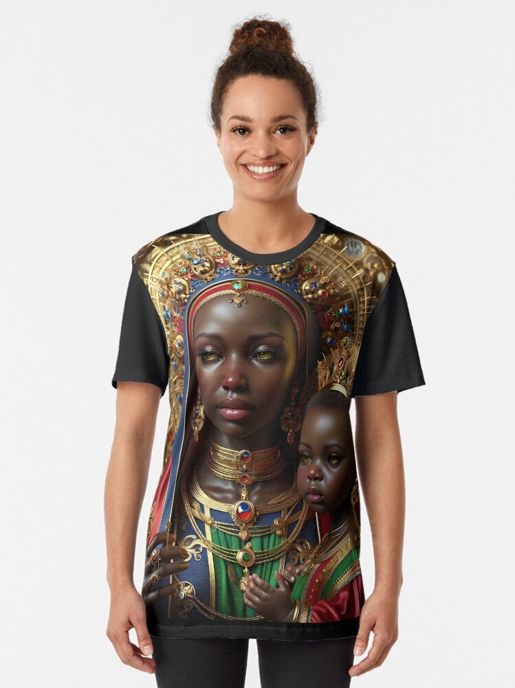 Saint Barbara Africana Graphic T-Shirt featuring voodoo and hoodoo inspired imagery - Women