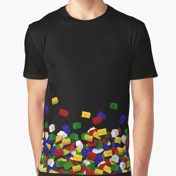 Brick art graphic t-shirt featuring various colorful bricks and blocks