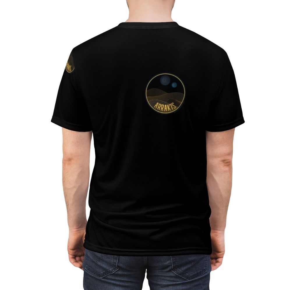 AOP t-shirt featuring a line art landscape design of the desert planet Arrakis from the Dune franchise - men back