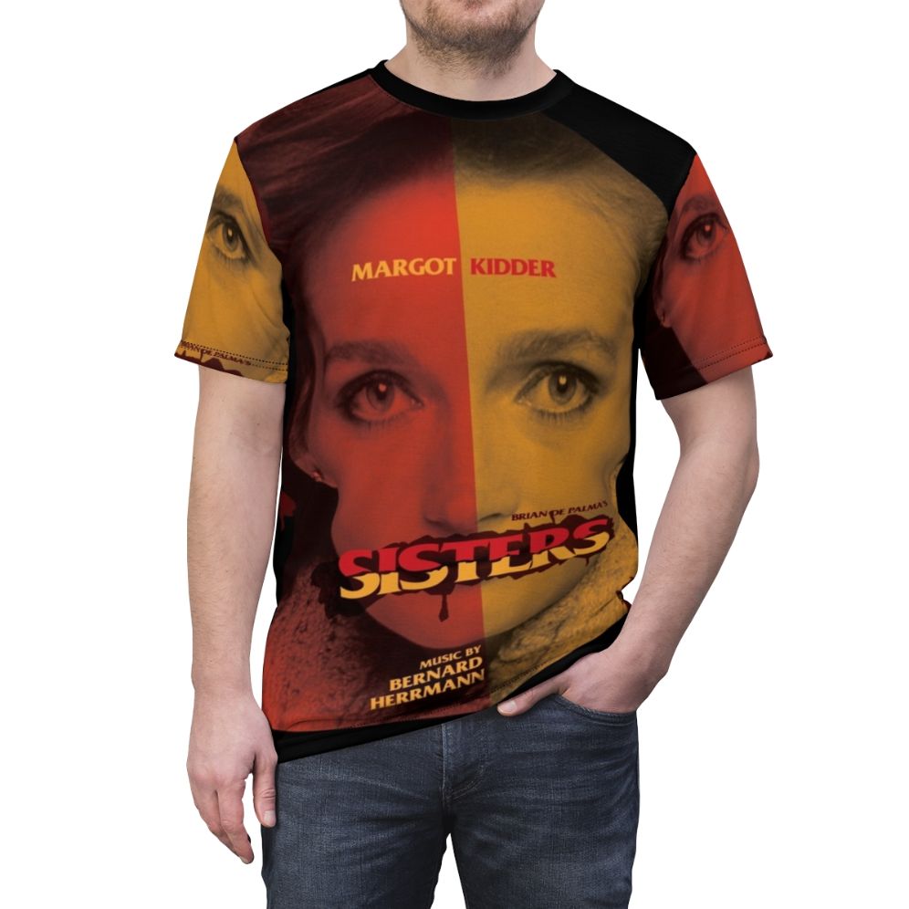 Creepy sisters thriller t-shirt featuring a dark and ominous design inspired by the films of director Brian De Palma - men front