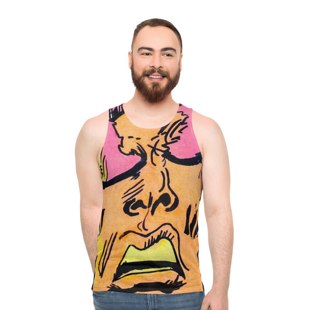 Retro comic art unisex tank top with expressive superhero faces - men