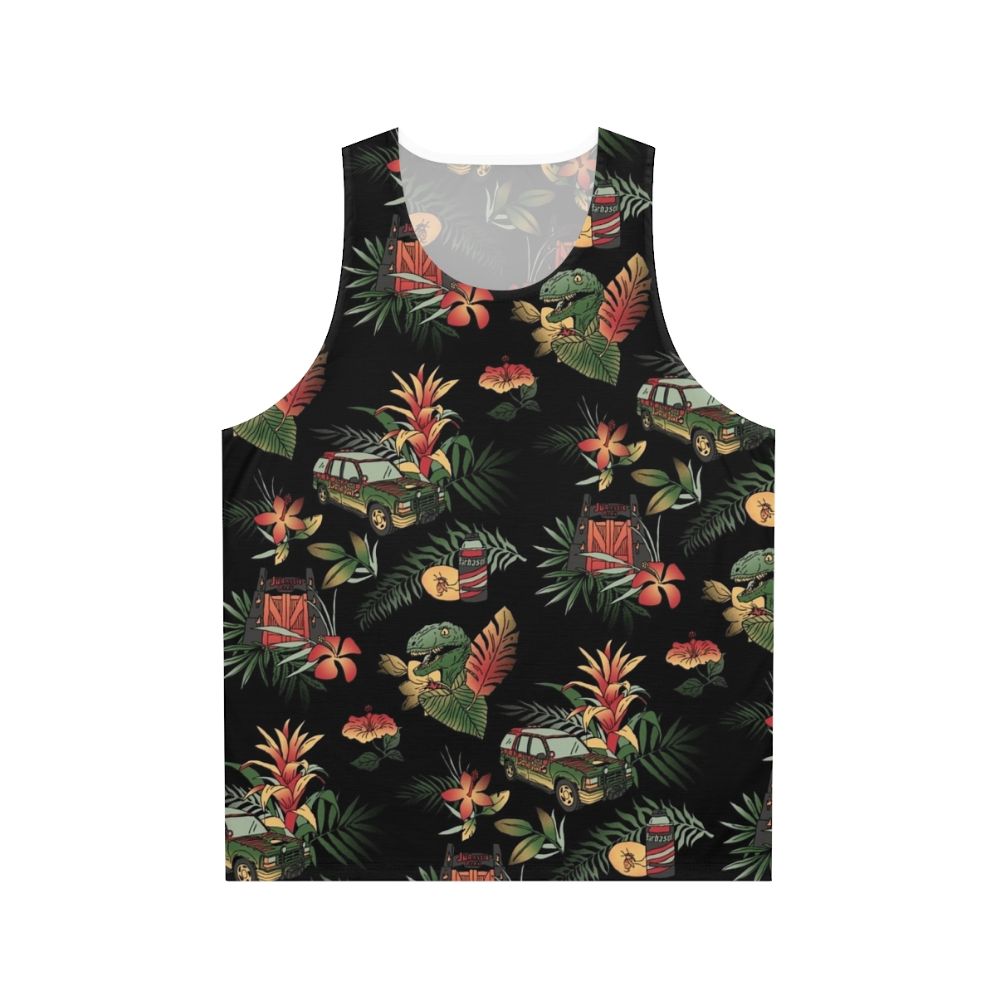 Vintage Jurassic Park inspired unisex tank top with floral dinosaur pattern