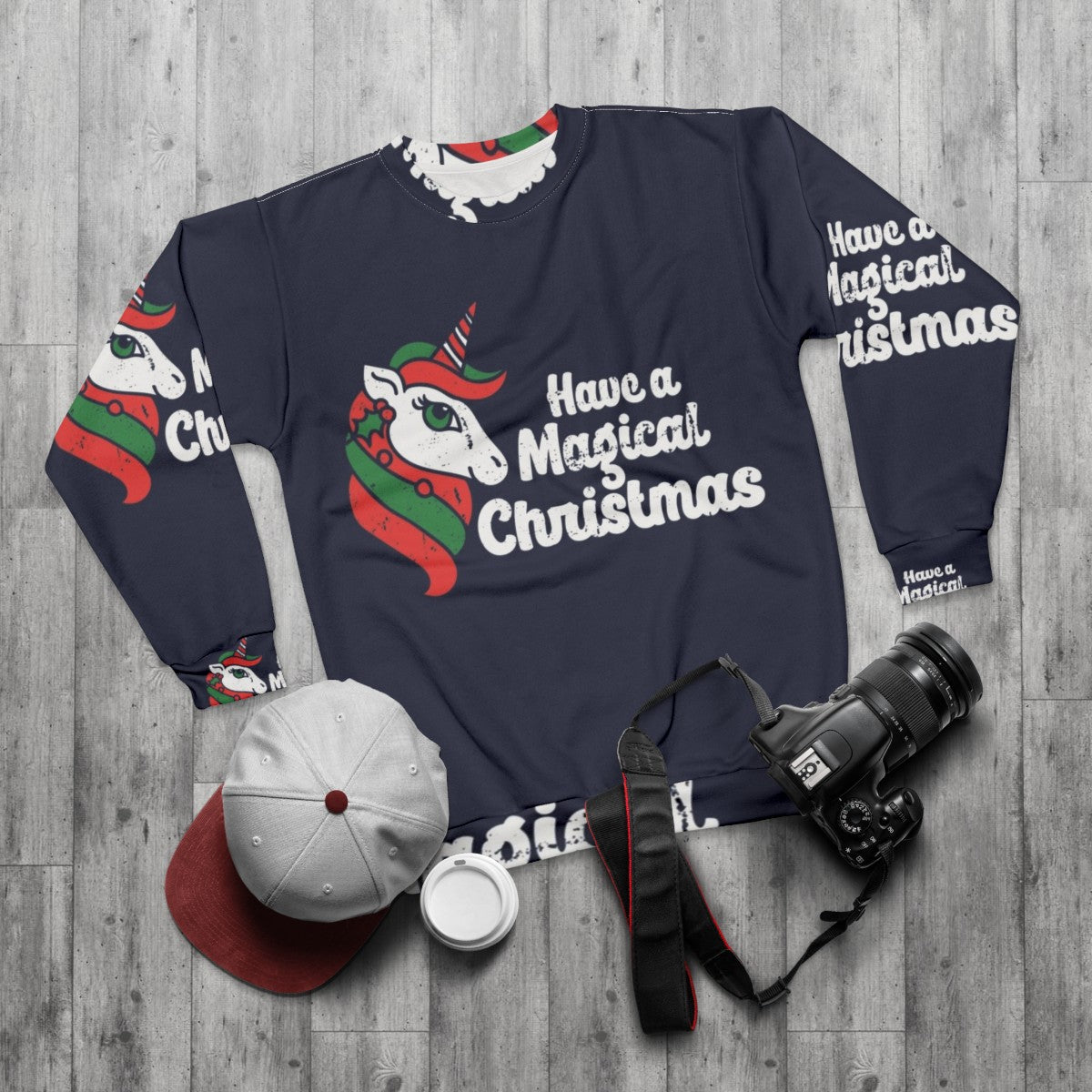 Magical Christmas unicorn sweatshirt with a whimsical design - flat lay