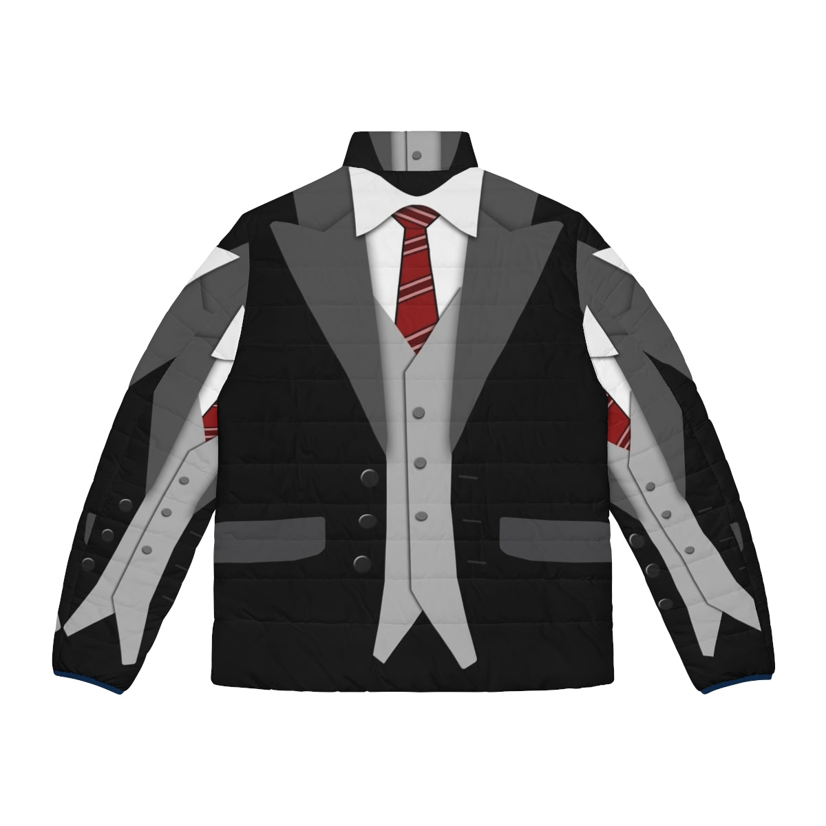 Black suit with red tie and puffer jacket for formal and casual wear - Back