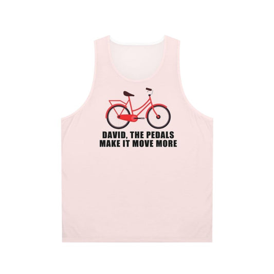 Unisex tank top with cycling-themed Schitt's Creek design