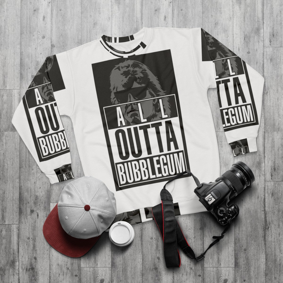 "Straight All Outta Bubblegum" Sci-Fi Sweatshirt with Focus Keywords - flat lay