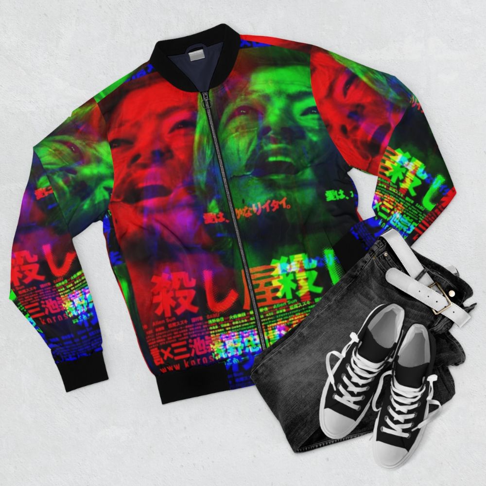 Ichi the Killer inspired colorful and glitchy bomber jacket design - Flat lay