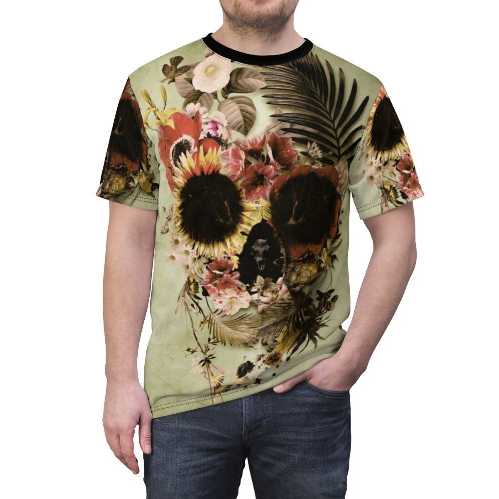 Artwork featuring a skull design with floral and nature elements, showcased on an all-over print t-shirt. - men front