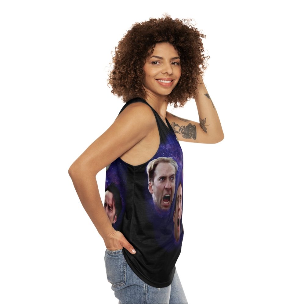 Unisex tank top featuring a Three Cage Moon meme design - women side