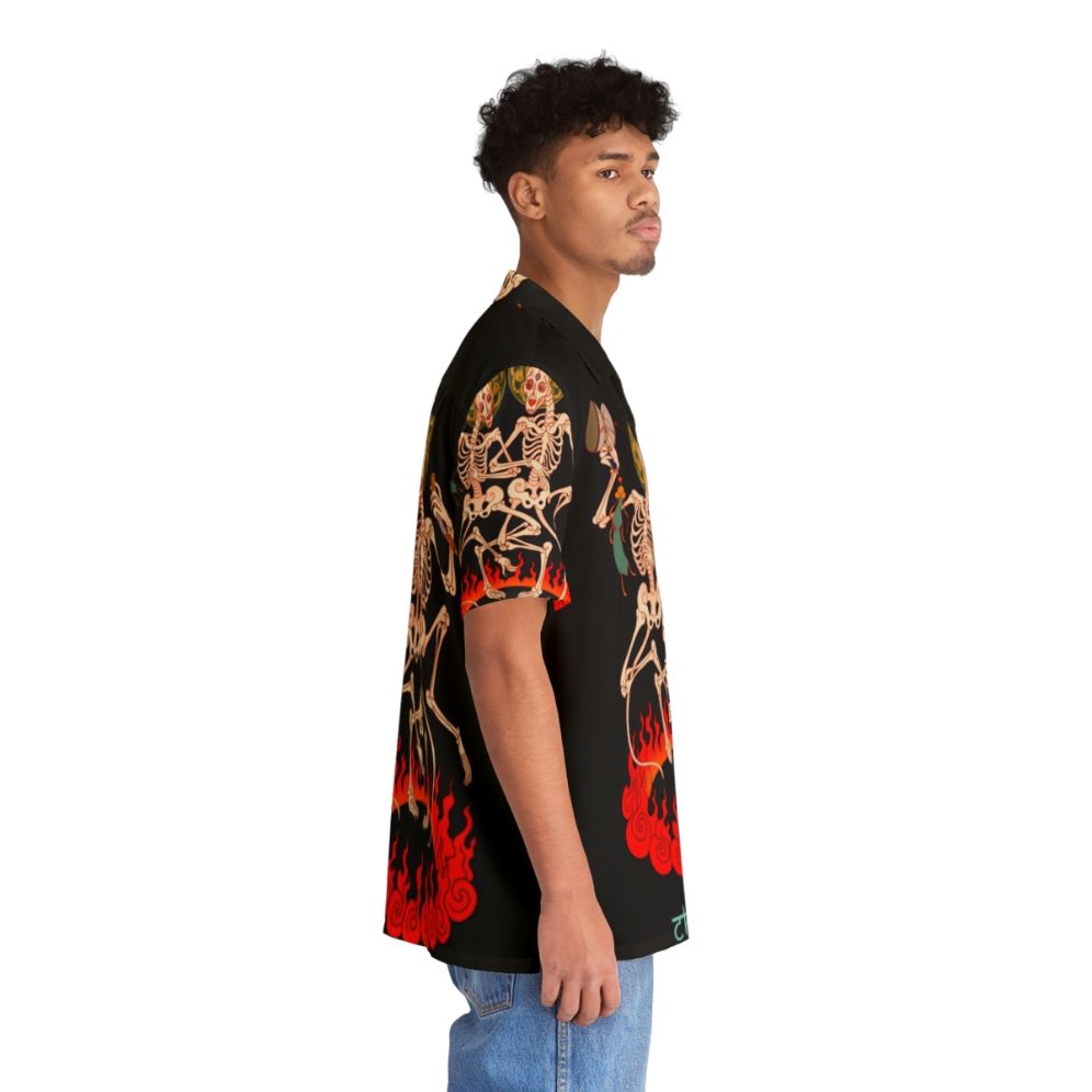 Chitipati Tibetan-Inspired Hawaiian Shirt with Skeleton Pattern and Fire Motif - People Pight