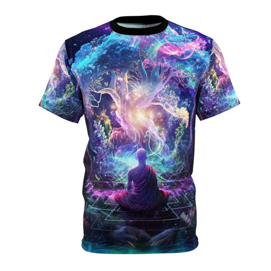 Visionary art t-shirt featuring a cosmic, jungle-inspired design with blue, neon, and spiritual elements.