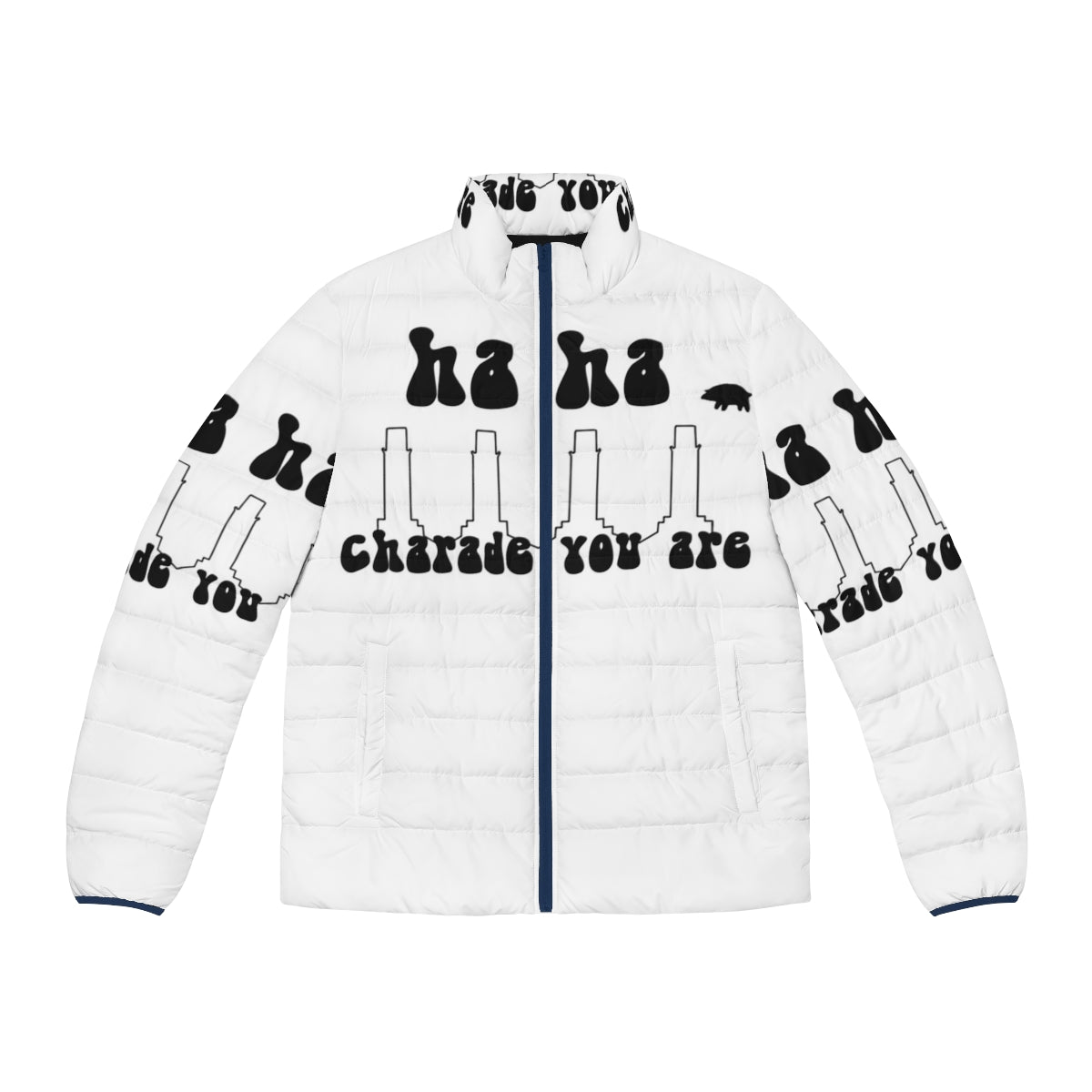 Charade You Are Puffer Jacket featuring a psychedelic design inspired by the album artwork of Pink Floyd's "Animals"