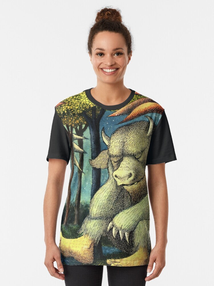 Graphic t-shirt featuring the beloved characters and story from Maurice Sendak's classic children's book "Where the Wild Things Are" - Women