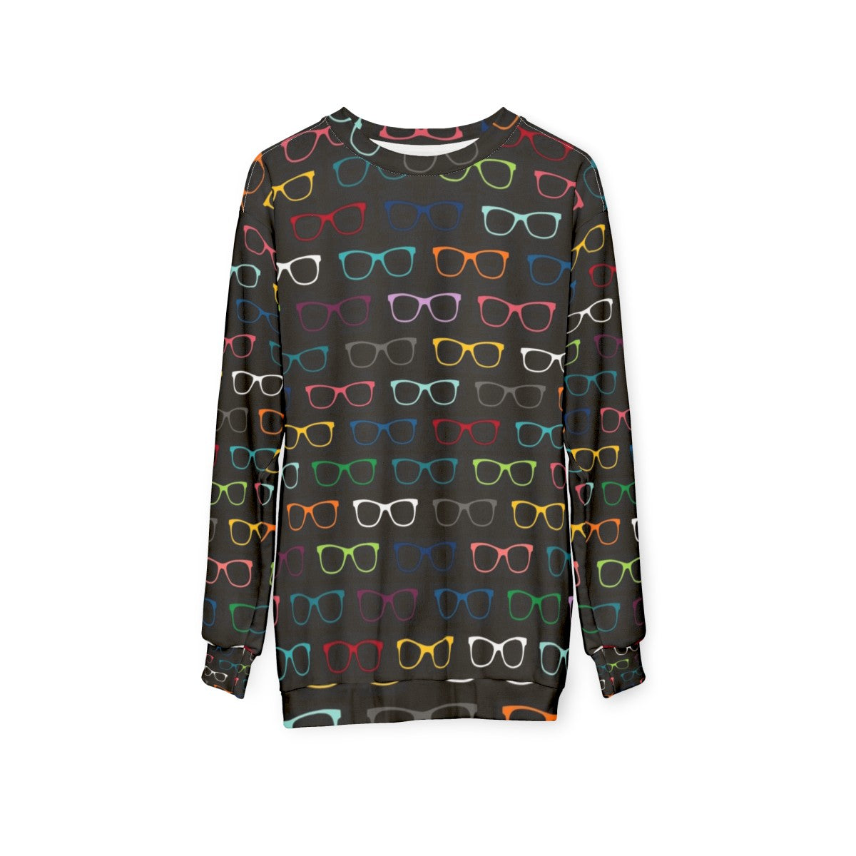 Colorful sweatshirt with a trendy eyeglasses pattern - hanging