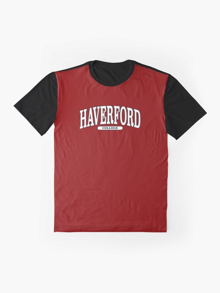 Haverford College Graphic T-Shirt featuring a curved serif font logo design - Flat lay