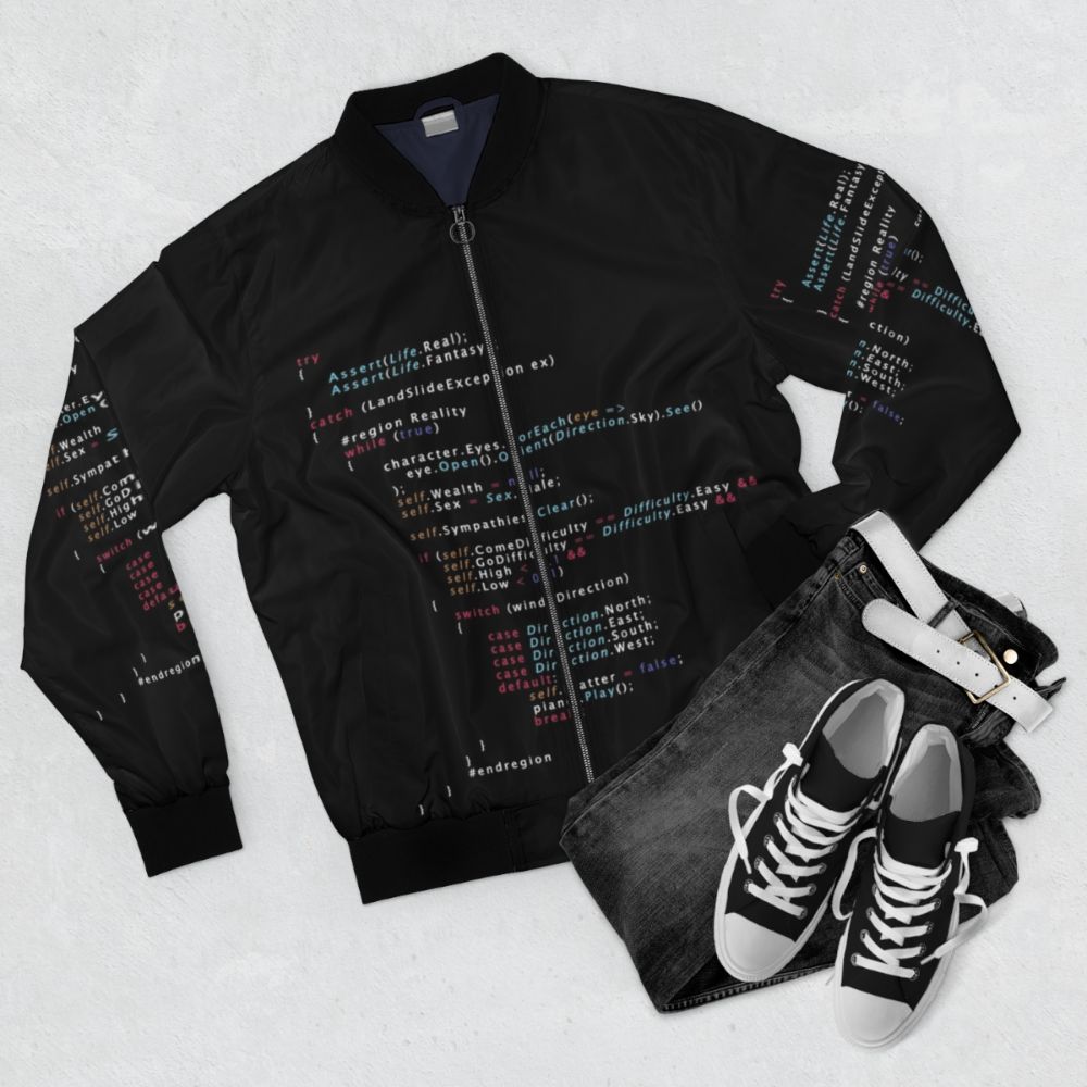 Programming bomber jacket with code-inspired color design and "Is This The Real Life?" text. - Flat lay