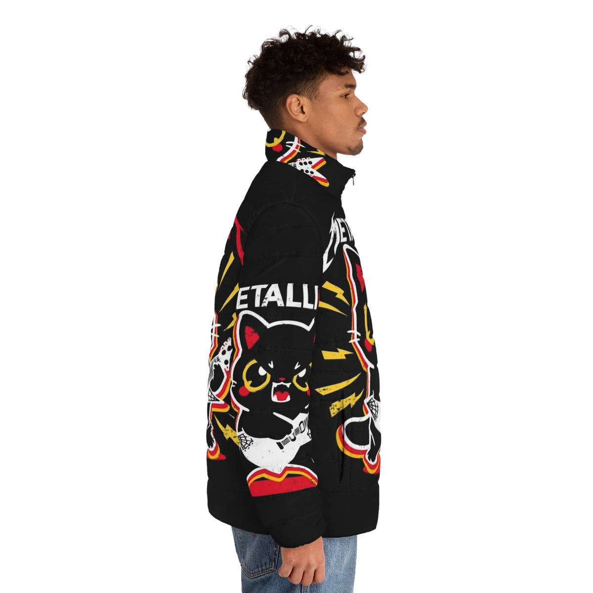 A metallic puffer jacket featuring a cat design, perfect for music lovers and metalheads. - men side right