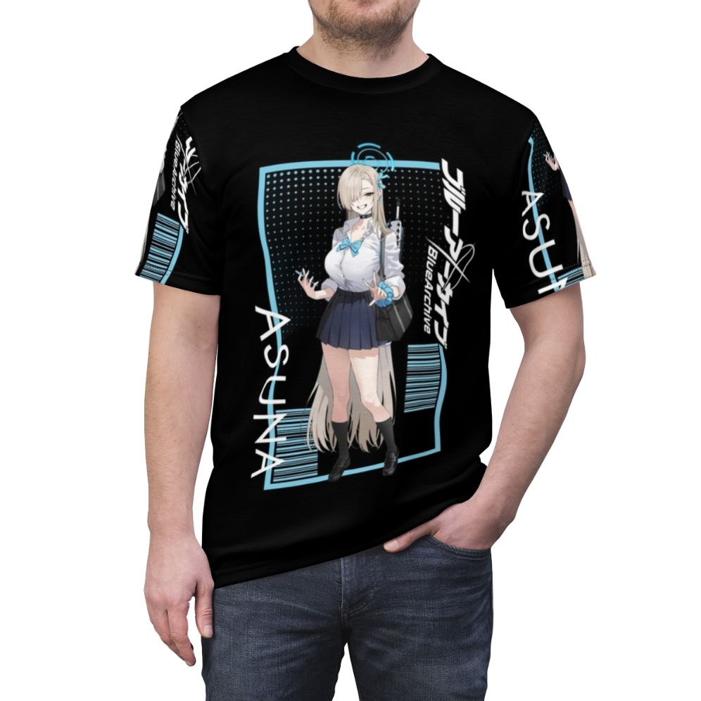 Stylish t-shirt featuring a vibrant anime character portrait design, inspired by the popular Blue Archive gacha game. - men front