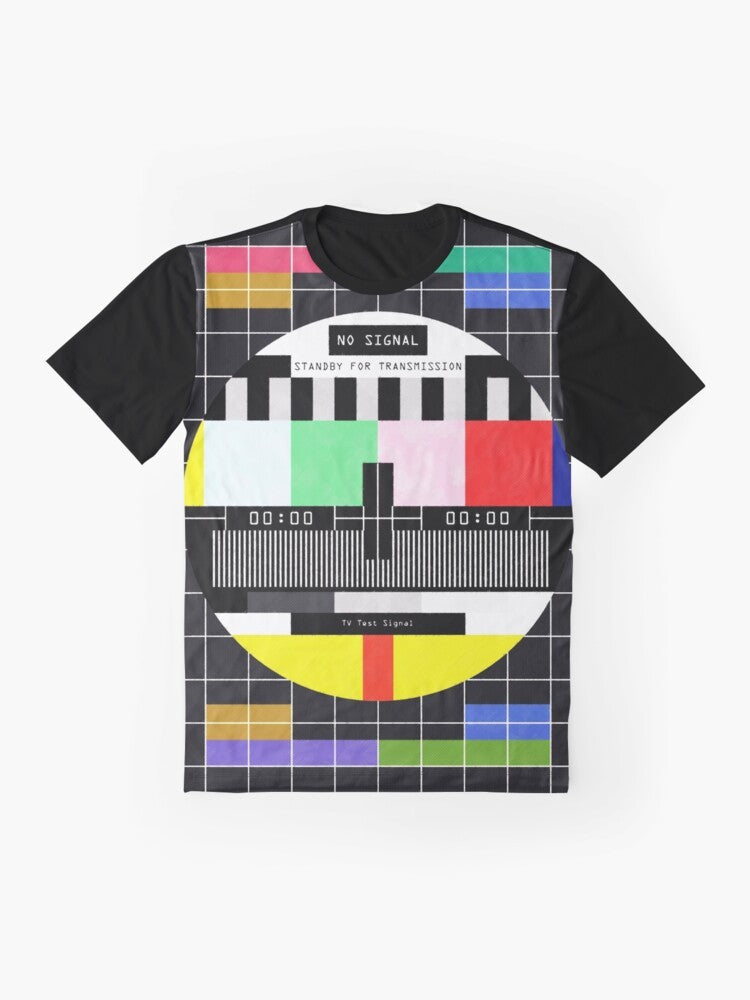 Graphic t-shirt design featuring a retro, glitchy "standby for transmission" message with vintage television and digital art elements. - Flat lay