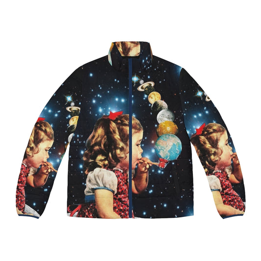 Maker Puffer Jacket featuring a surreal collage art design with psychedelic elements