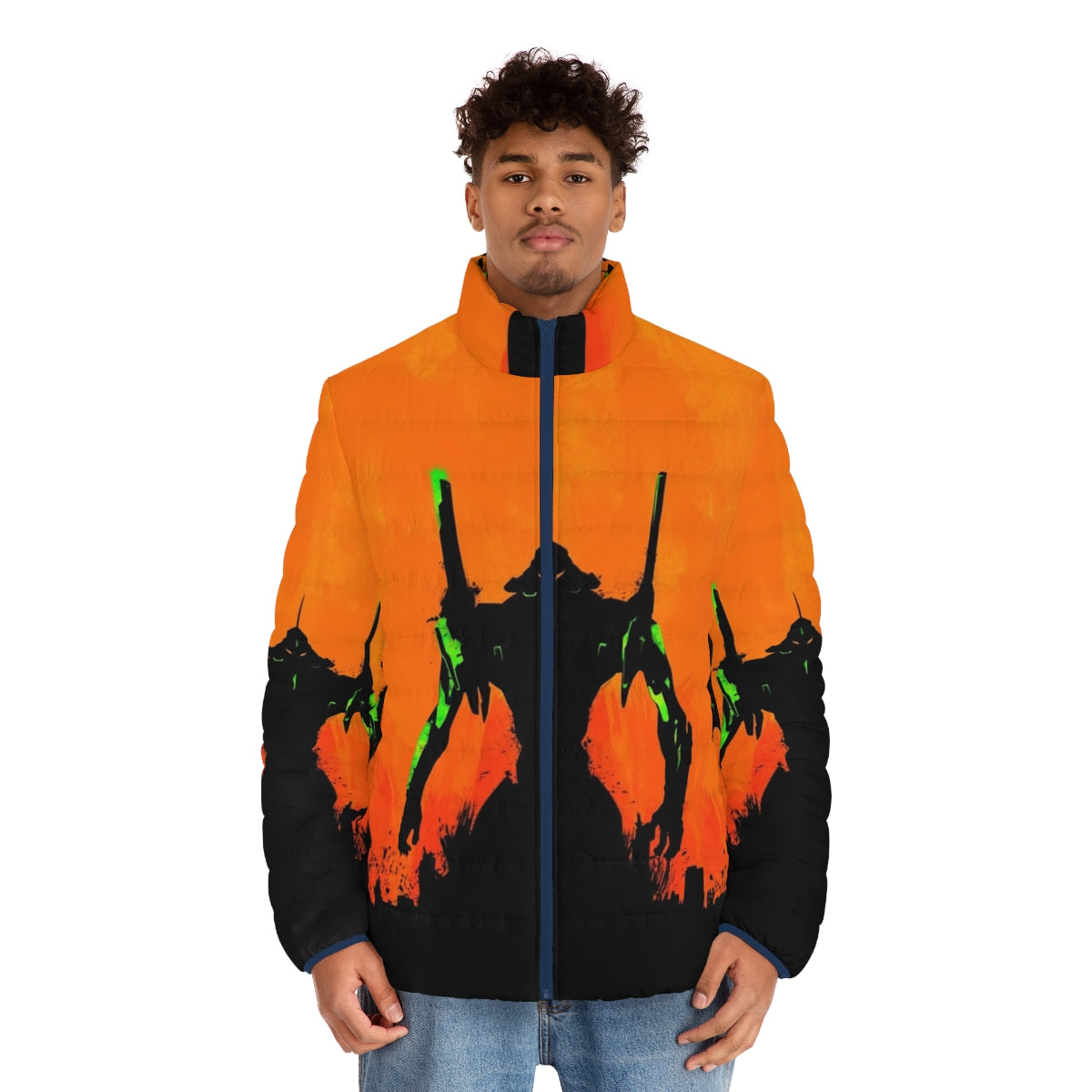 Evangelion puffer jacket with minimalist anime design - men front