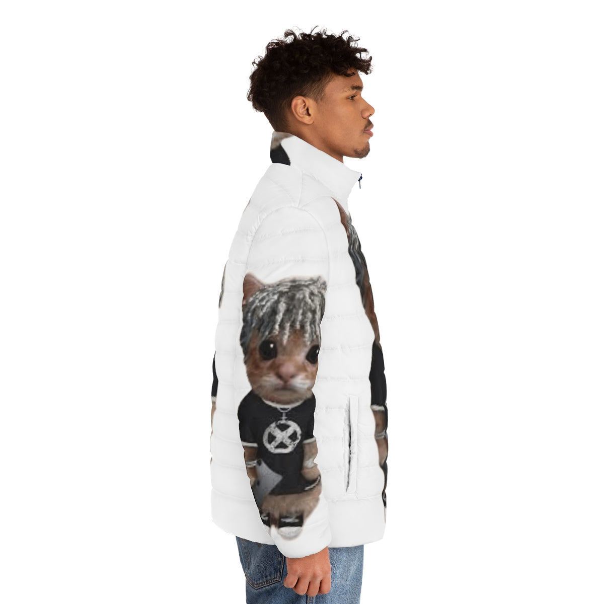 Ken Carson wearing a cat-themed puffer jacket - men side right