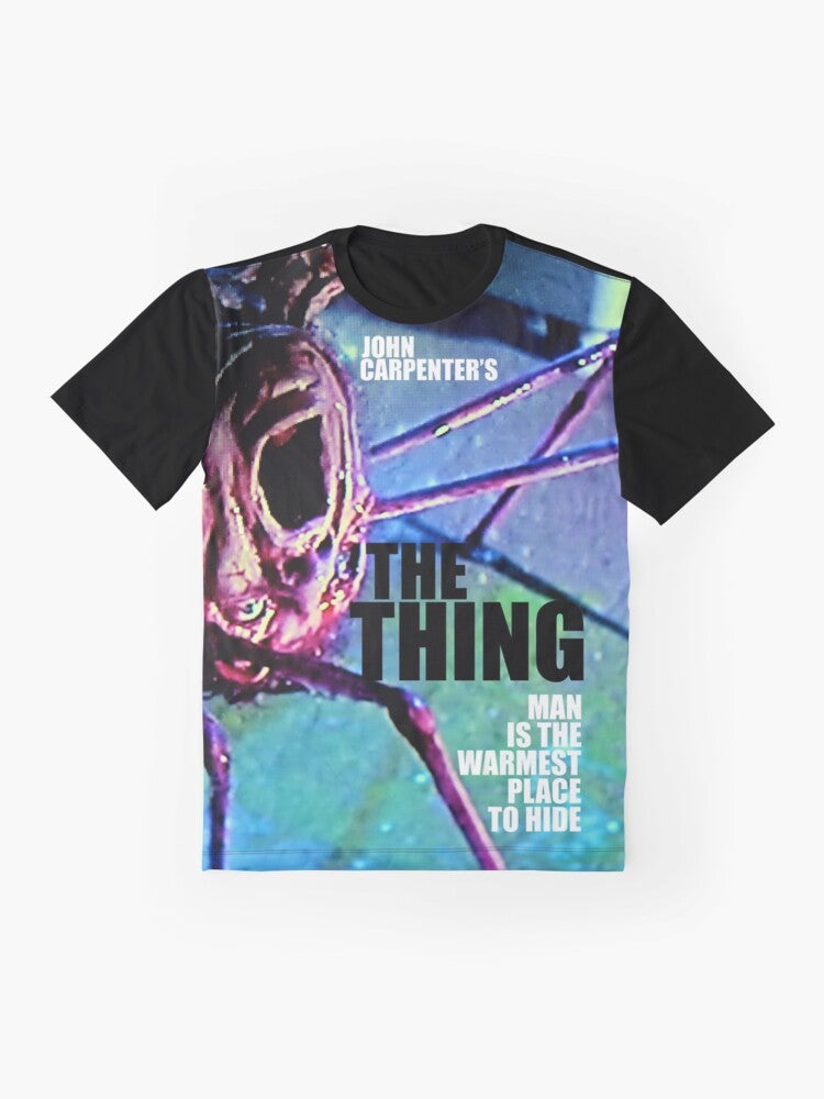 "The Thing" John Carpenter movie graphic t-shirt featuring Kurt Russell and the iconic monster - Flat lay