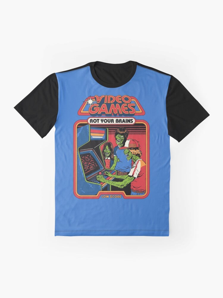 Retro video games graphic t-shirt with the message "Video Games Rot Your Brains" - Flat lay