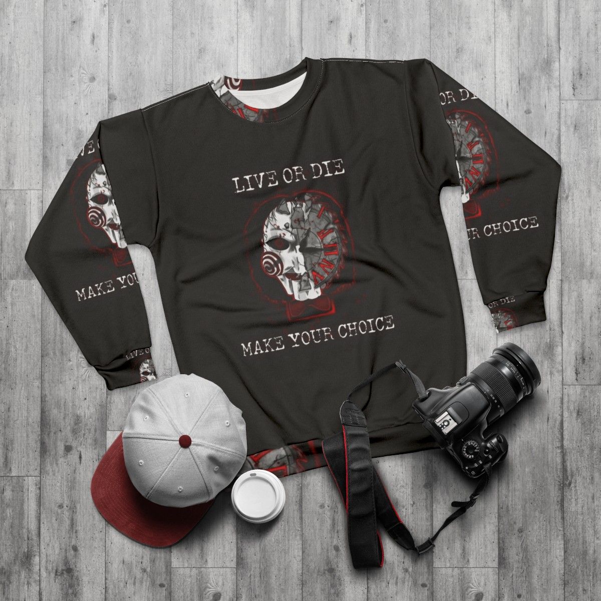 Jigsaw Saw Horror Fan Art Sweatshirt - flat lay