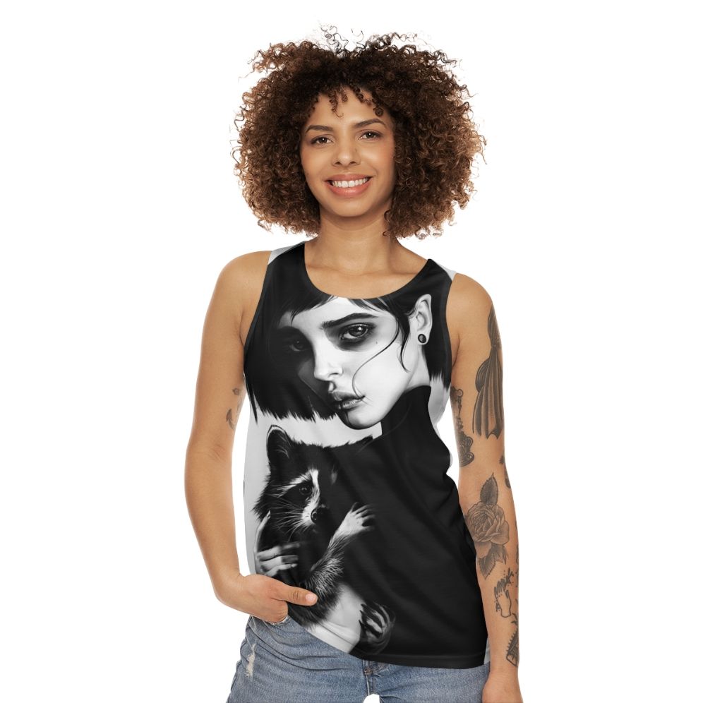 Realistic black and white raccoon portrait pencil art unisex tank top - women