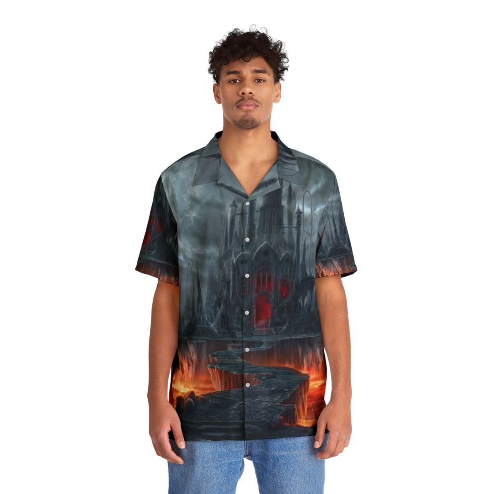 Dark gothic Hawaiian shirt with castle and moon design - People Front