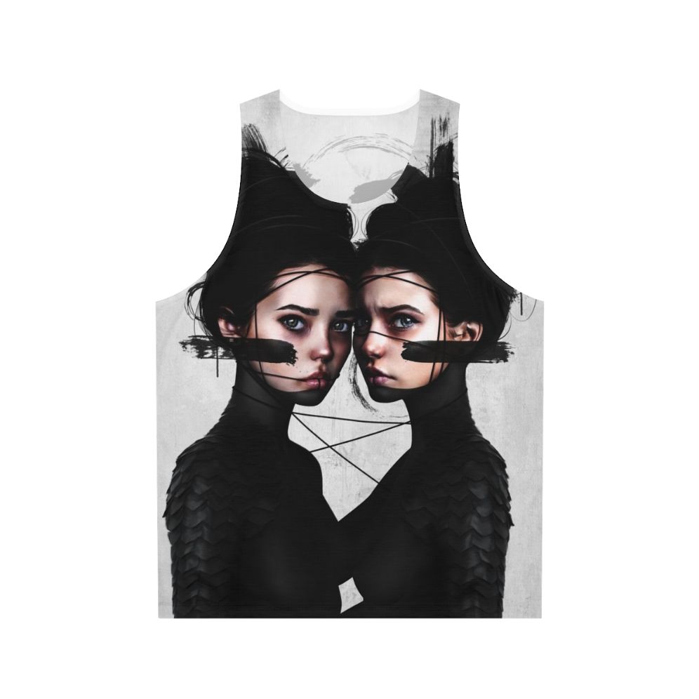 Gemini zodiac unisex tank top featuring surrealistic portrait art